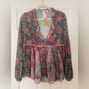 Natural Life Floral Sheer Ruffle Blouse